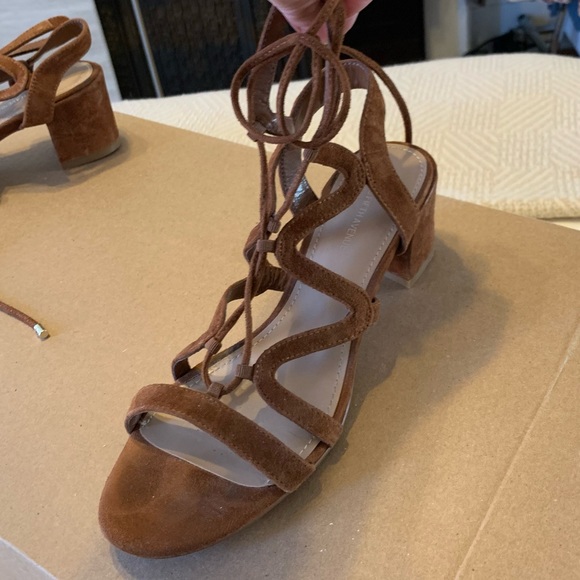Saks Fifth Avenue Cognac Camel Brown Suede Lace Up Block Heel Sandals - 6.5 - Picture 12 of 16